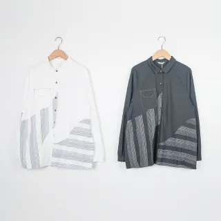 【MOSS CLUB】條紋不對稱拼接半開襟短袖襯衫洋裝(深藍 灰) 歷史價格詳細信息