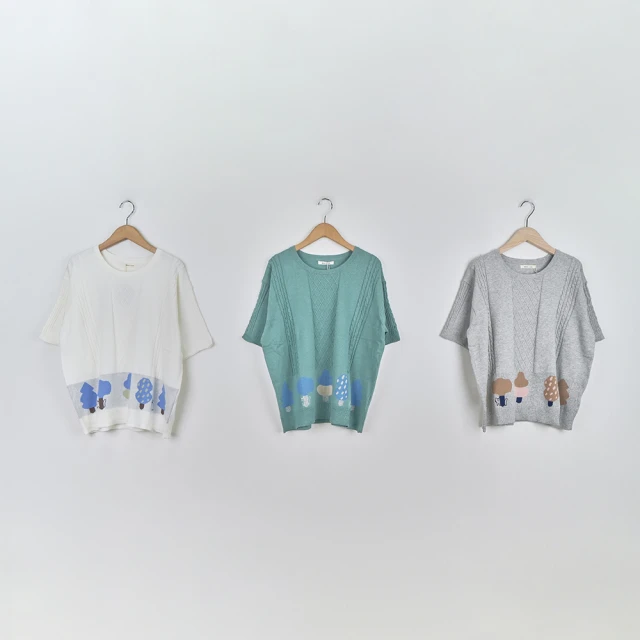 【MOSS CLUB】小森林躲貓貓緹花短袖針織上衣(藍 白 杏/魅力商品) 歷史價格詳細信息