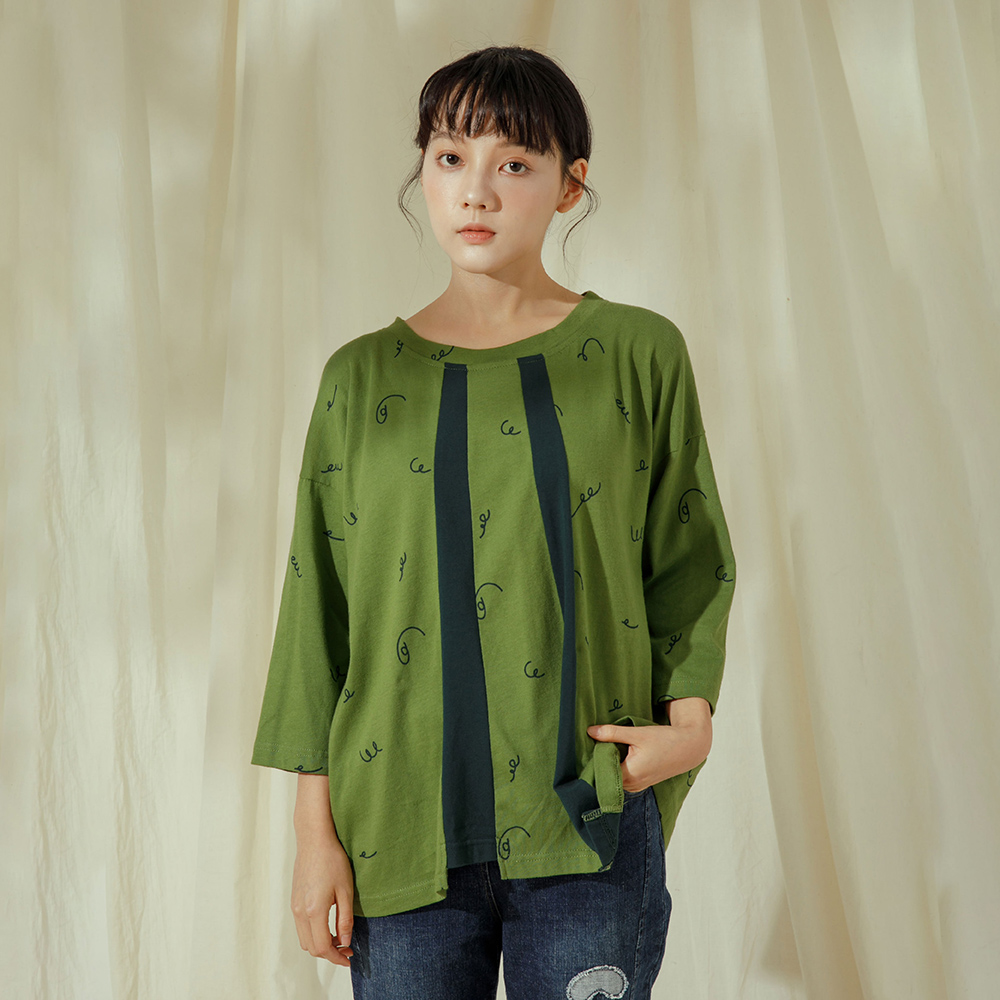 【MOSS CLUB】印花拼接細褶圓領短袖上衣 黑 黃 歷史價格詳細信息