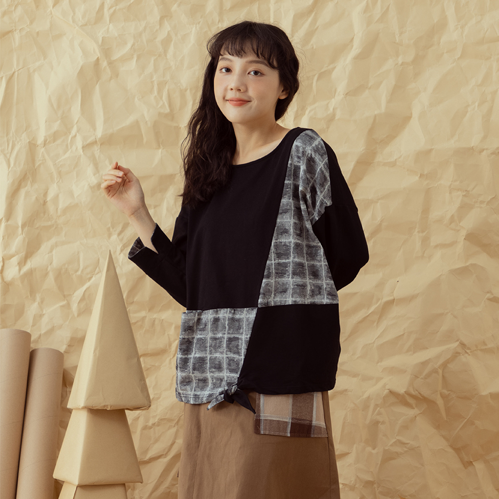 【MOSS CLUB】不對稱提花拼接棉質-女長袖上衣 拼接 藍 黑(二色/版型適中) 歷史價格詳細信息