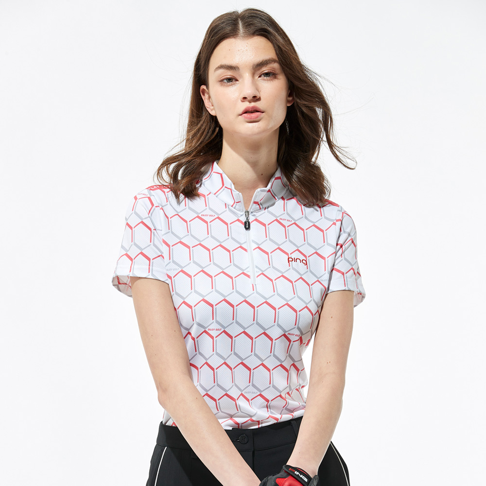 【PING】女款立領斜條印花短袖GOLF POLO衫-黃(吸濕排汗/抗UV/高爾夫球衫/RA21119-33) 歷史價格詳細信息