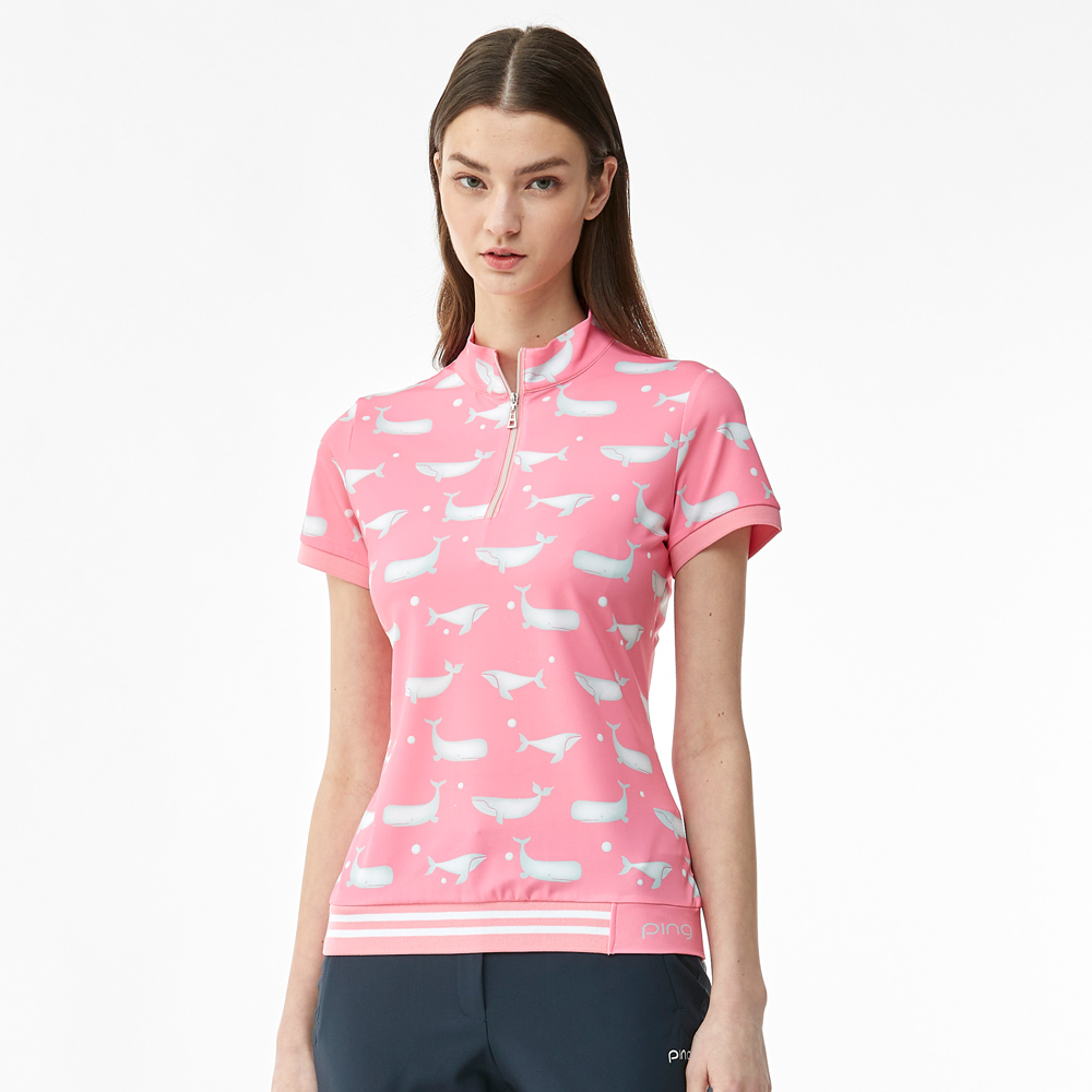 【PING】女款立領斜條印花短袖GOLF POLO衫-黃(吸濕排汗/抗UV/高爾夫球衫/RA21119-33) 歷史價格詳細信息