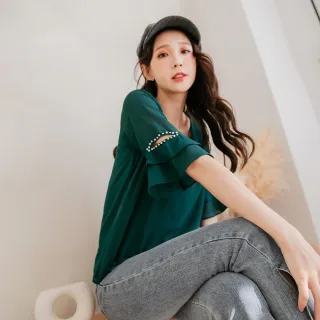 層次荷葉釘珠造型袖五分袖雪紡上衣 《AB16015》 歷史價格詳細信息