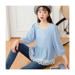 【OB 嚴選】蕾絲領格紋拼接不易皺針織上衣 《AB16553》 歷史價格詳細信息