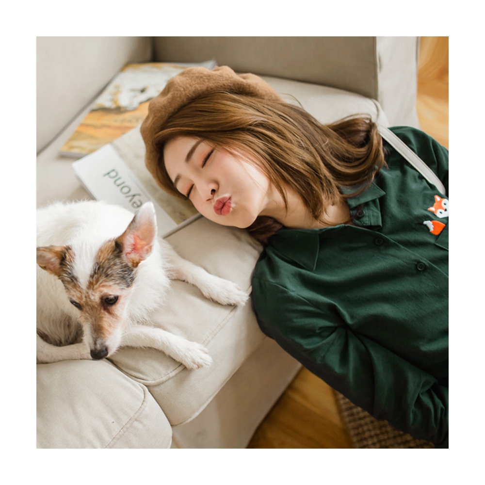 可愛狐狸刺繡口袋寬鬆加絨保暖長袖T恤(黑.藍.卡其L-3L)-F159熊衣褲語 歷史價格詳細信息