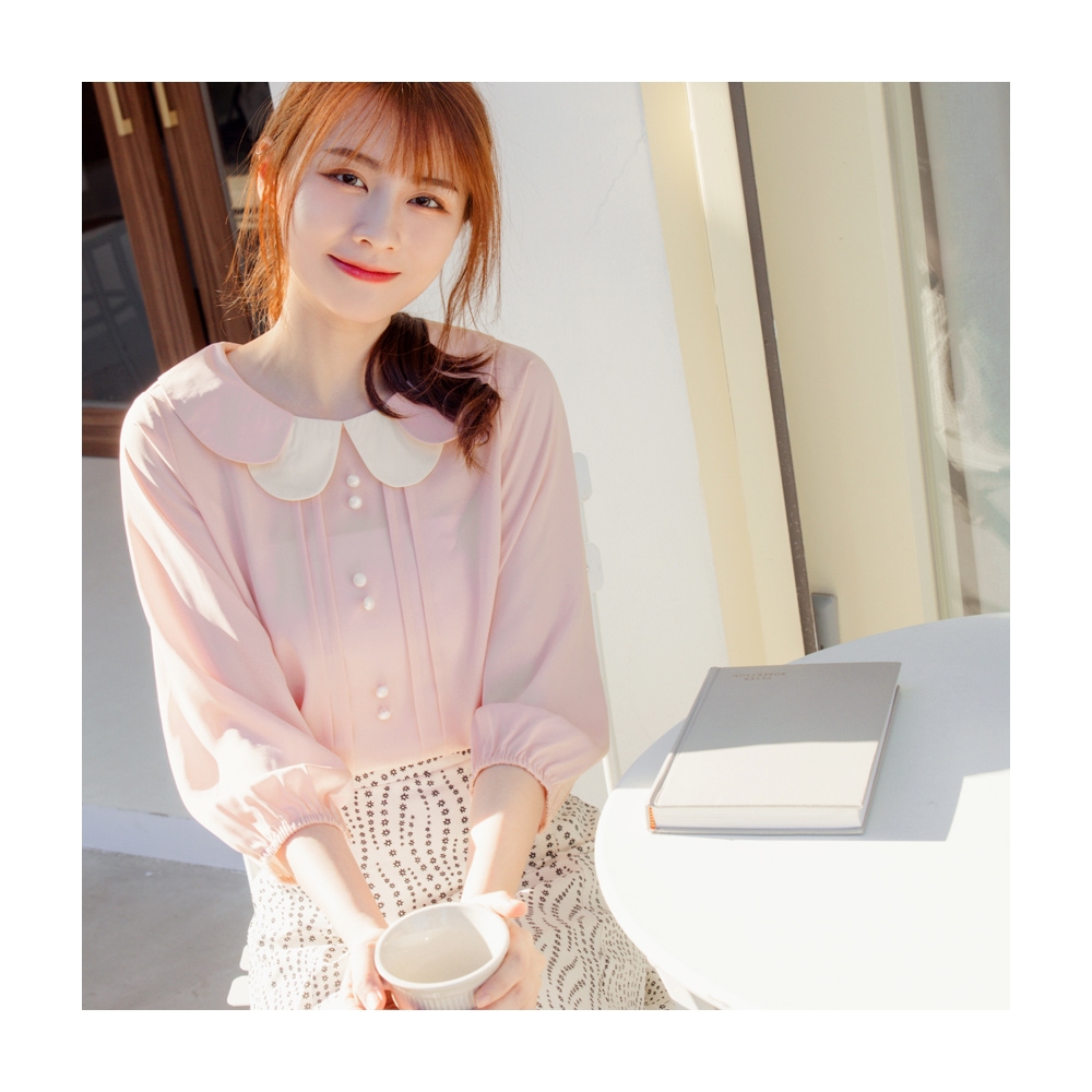 雪紡--輕甜魅力簡約大方圓領微甜手寫感英字拼接雪紡七分袖上衣(黑.灰XL-5L)-U387熊衣褲語 歷史價格詳細信息