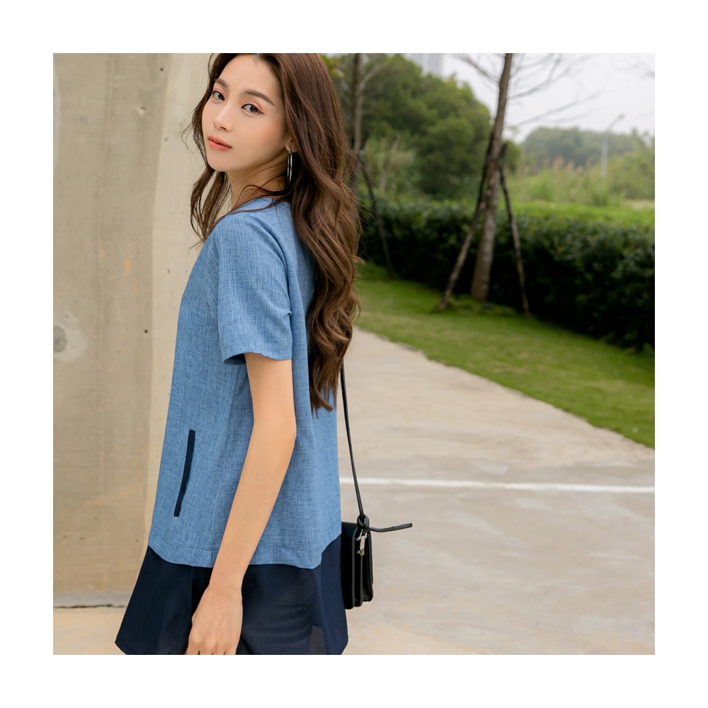 長版上衣--配色拼接雙車線顯瘦短袖長版上衣(灰.粉M-2L)-D299熊衣褲語 歷史價格詳細信息