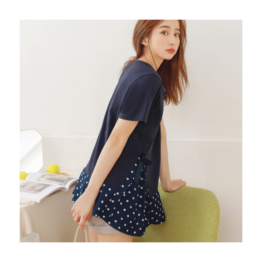 長版上衣--輕甜淘氣鄰家女孩系立領可愛點點印花蕾絲貼飾長版上衣(紅.藍XL-5L)-A218熊衣褲語 歷史價格詳細信息