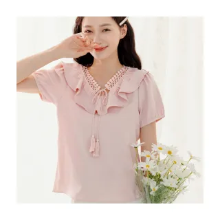 【OB 嚴選】舒涼雪紡蕾絲荷葉領流蘇上衣 《AB18887》 價格比較,價格查詢,歷史價格詳細信息