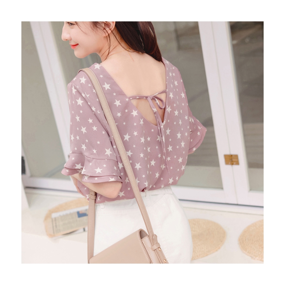 層次荷葉釘珠造型袖五分袖雪紡上衣 《AB16015》 歷史價格詳細信息