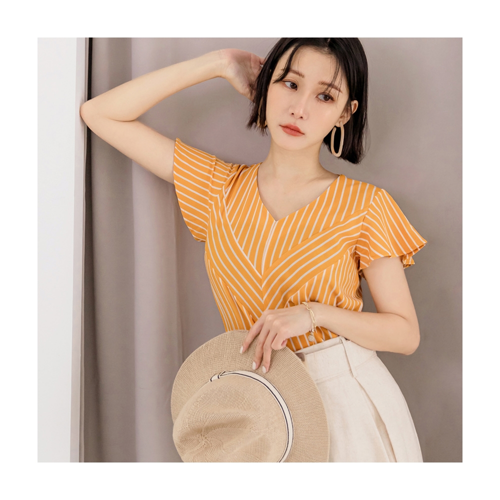 拼接條紋V領可反摺袖綁帶鬆緊長洋裝 《DA8374》 歷史價格詳細信息