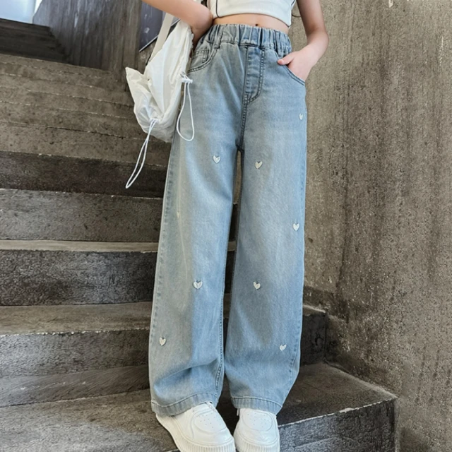 女童愛心牛仔闊腿褲2024春季外貿童裝中大童韓版寬松牛仔褲女童褲 歷史價格詳細信息