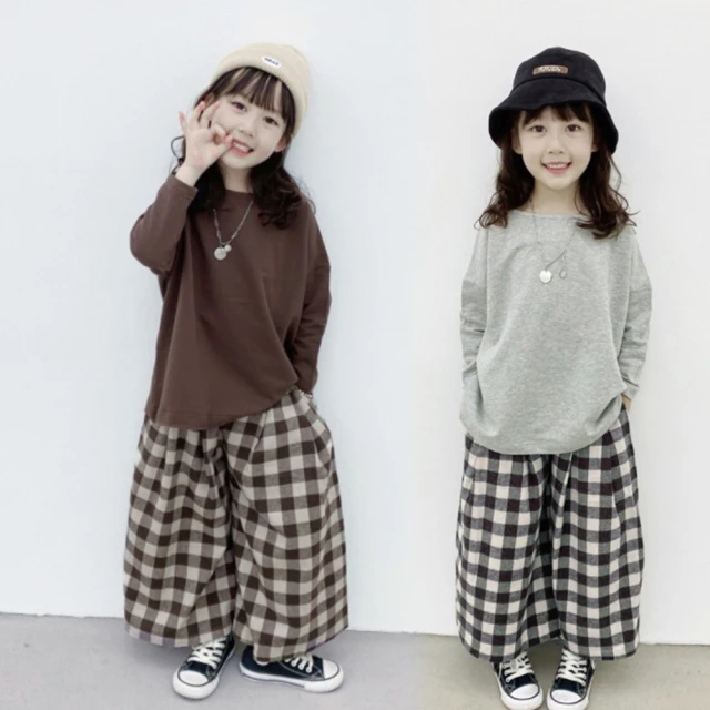 【橘魔法】日系風格子後鬆緊磨毛九分寬褲（小孩賣場）(褲裙 褲子 闊腿褲 大童 女童 童裝 兒童 親子裝) 價格比較,價格查詢,歷史價格詳細信息