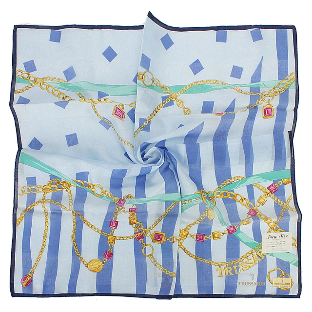 【TRUSSARDI】經典燙金LOGO艷夏海灘陽傘純綿帕巾領巾(深藍色) 歷史價格詳細信息