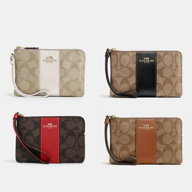 COACH 58035 馬車LOGO條紋皮革PVC零錢手拿包.深咖/黑 歷史價格詳細信息