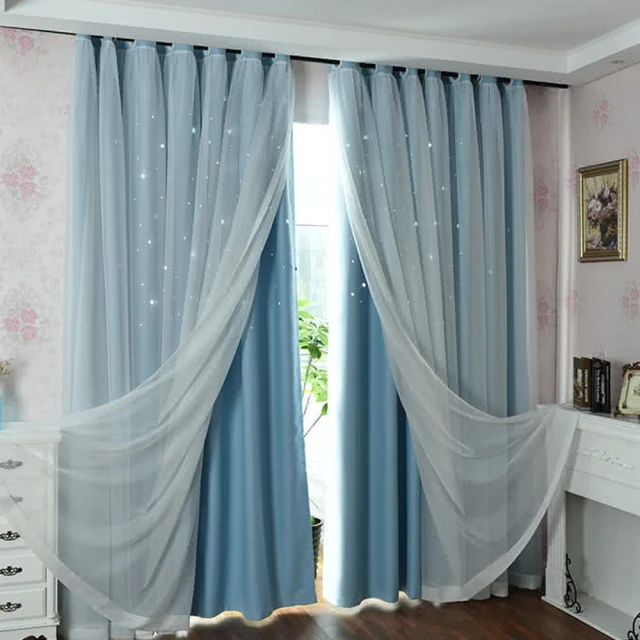 星星鏤空雙層紗簾 寬200x高165cm 藍色 歷史價格詳細信息