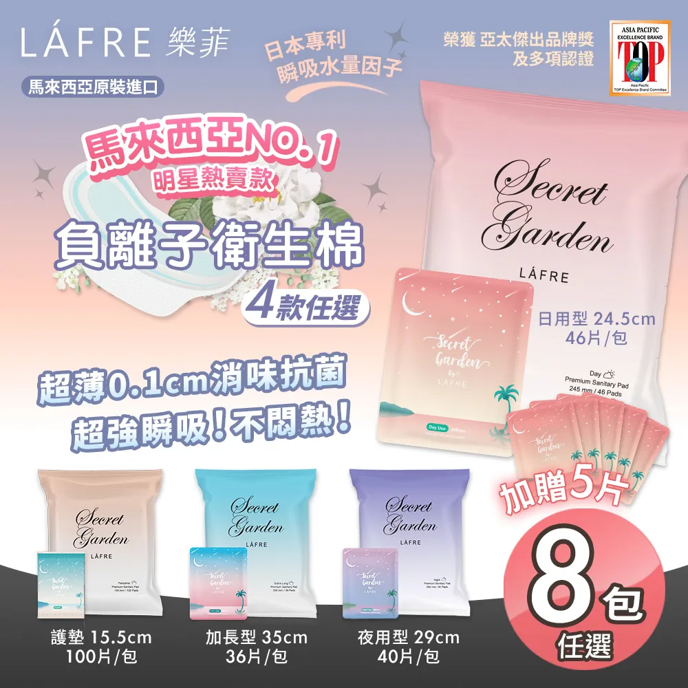 【LÁFRE 樂菲】負離子衛生棉四款任選8袋+贈日用x5片(護墊/日用/夜用/加長) 歷史價格詳細信息