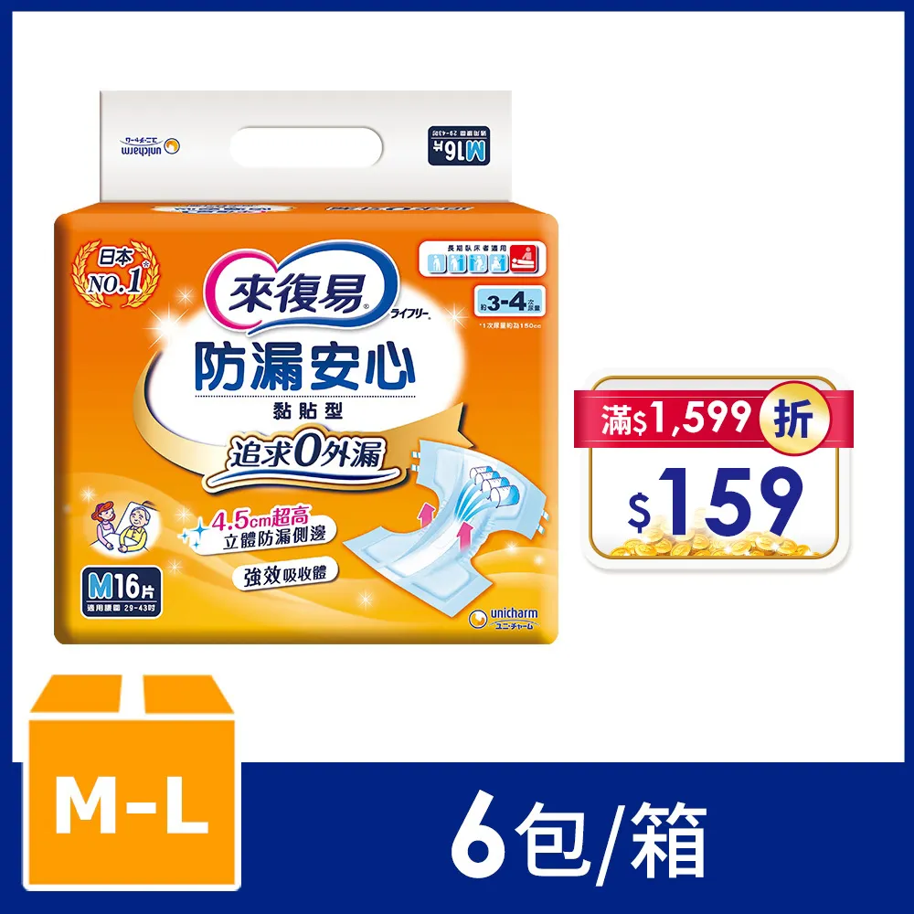 來復易防漏安心紙尿褲 M[箱購]16PC片 x 6PC包【家樂福】 歷史價格詳細信息