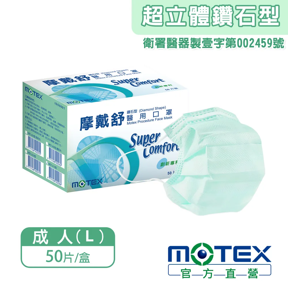 【MOTEX 摩戴舒】鑽石型醫用口罩 綠色(50片/盒) 好呼吸不悶熱 歷史價格詳細信息