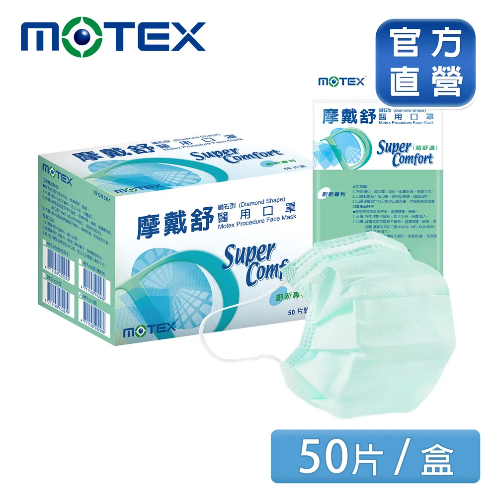 【MOTEX 摩戴舒】鑽石型醫用口罩 綠色(50片/盒) 好呼吸不悶熱 歷史價格詳細信息