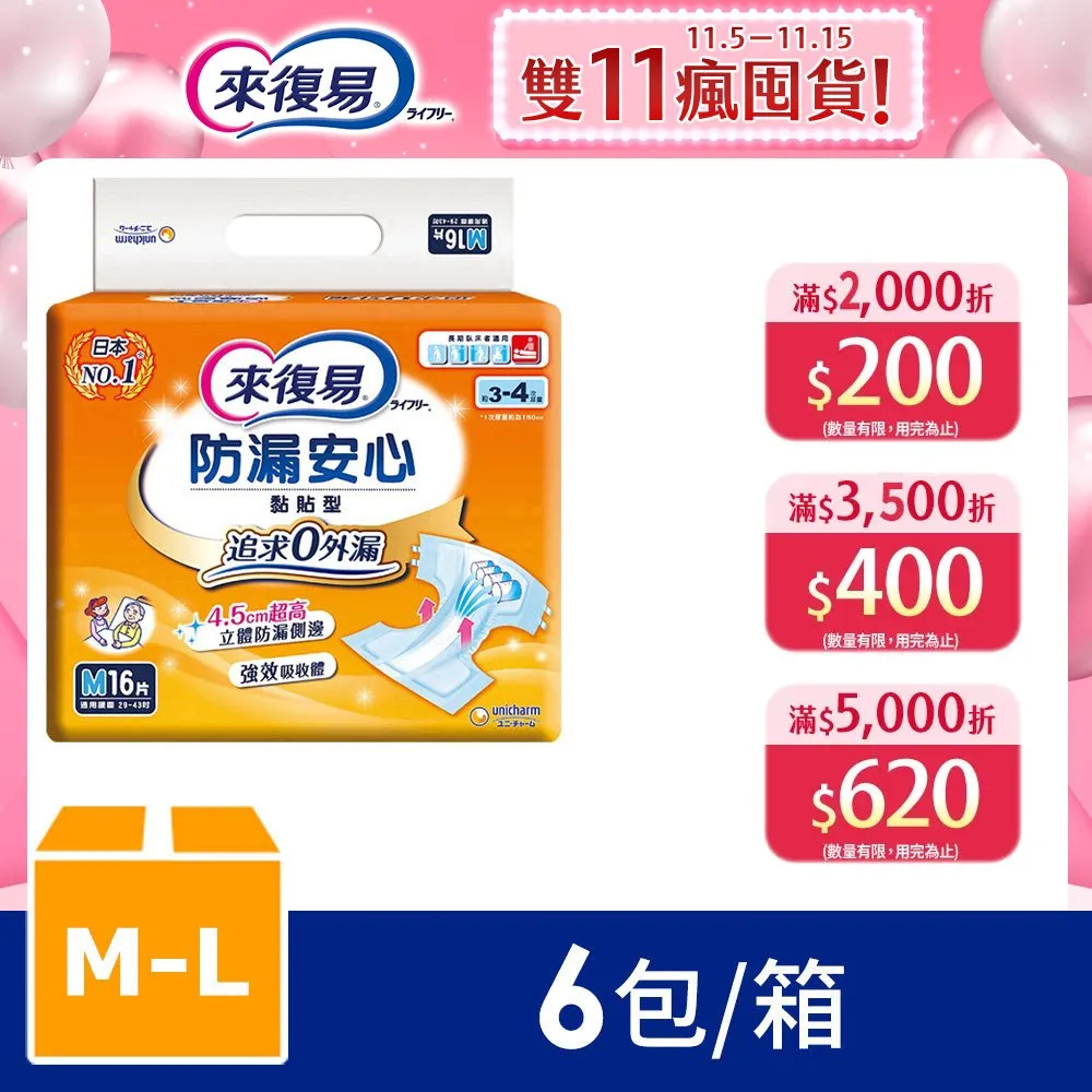 來復易防漏安心紙尿褲 M[箱購]16PC片 x 6PC包【家樂福】 歷史價格詳細信息