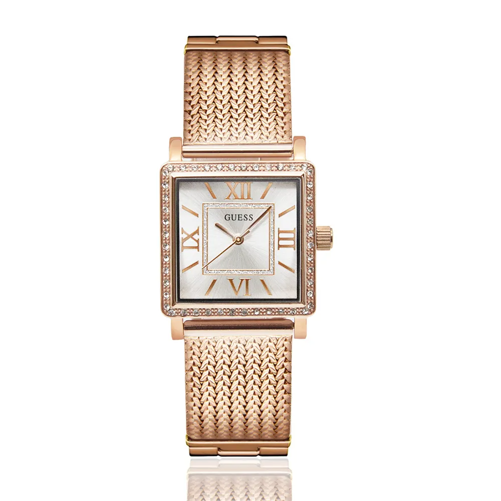 【GUESS】白面 銀殼 銀刻度 米蘭+不鏽鋼錶帶 晶鑽方型腕錶(W0826L1) 歷史價格詳細信息