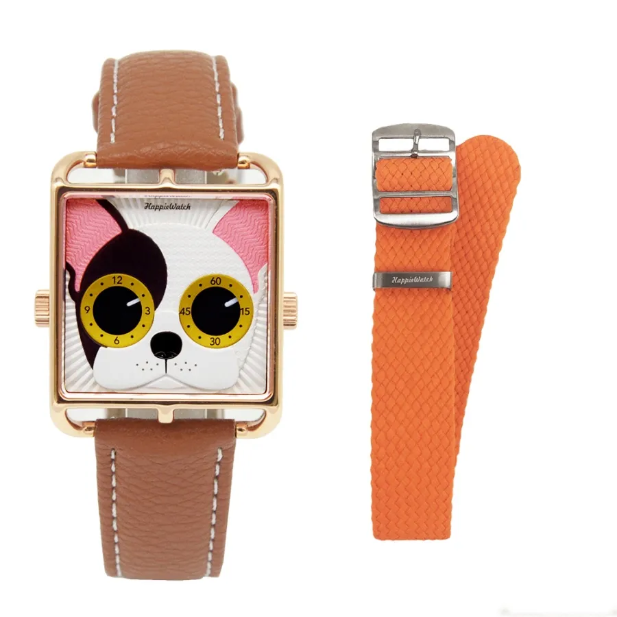 【HappieWatch】設計師品牌 立體個性彩虹花朵 方形黑框 黑色皮革腕錶 贈黑 歷史價格詳細信息