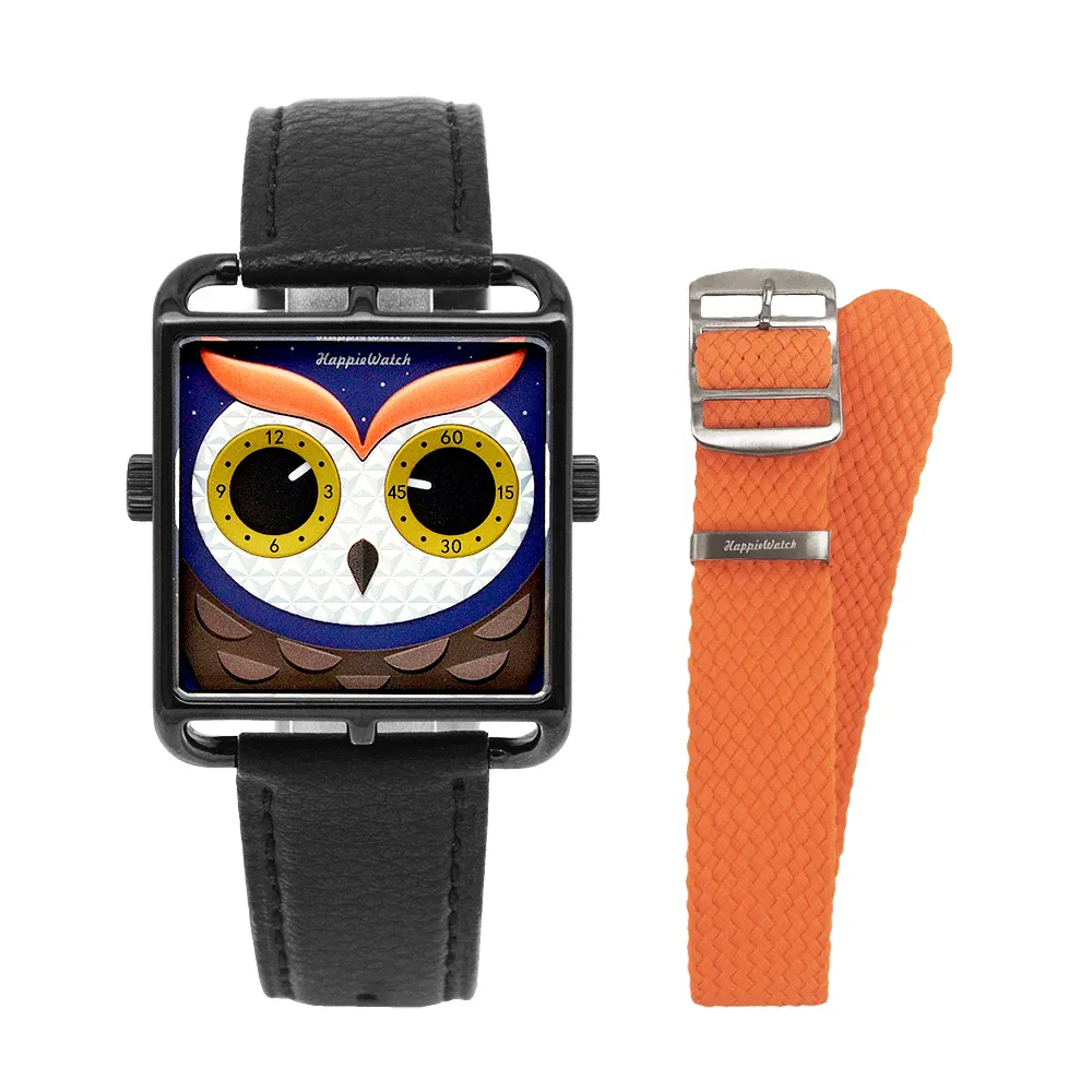 【HappieWatch】設計師品牌 立體個性彩虹花朵 方形黑框 黑色皮革腕錶 贈黑 歷史價格詳細信息