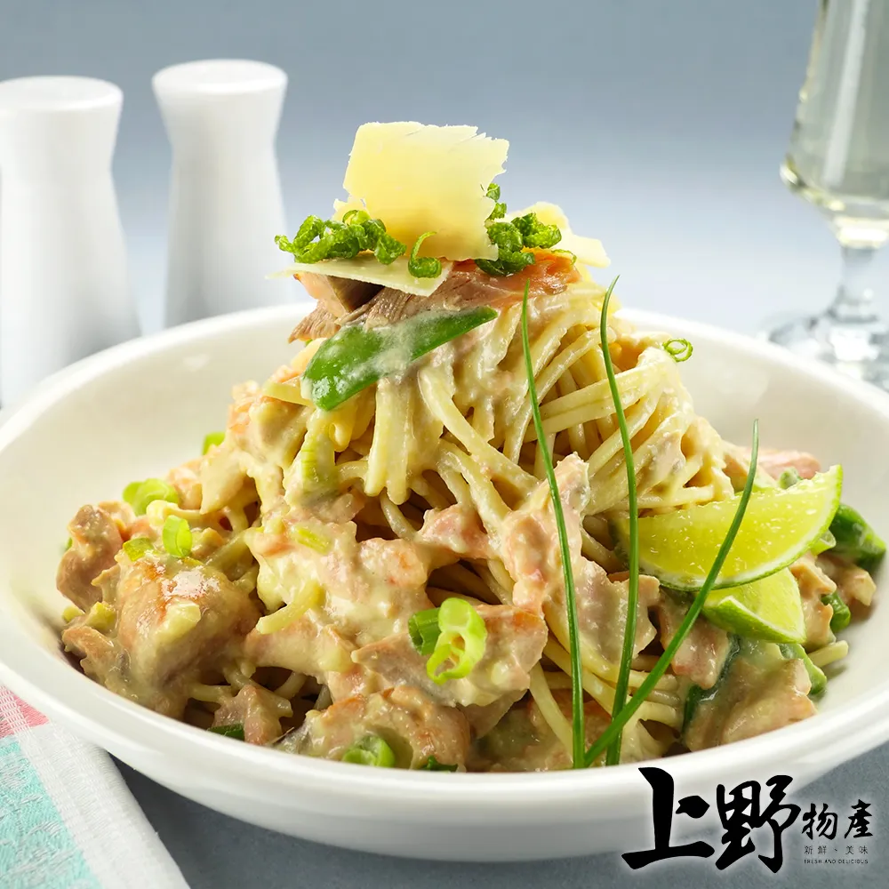 【上野物產】奶油青醬鮭魚義大利麵(麵體+醬料包 300g土10%/包) x24包 歷史價格詳細信息