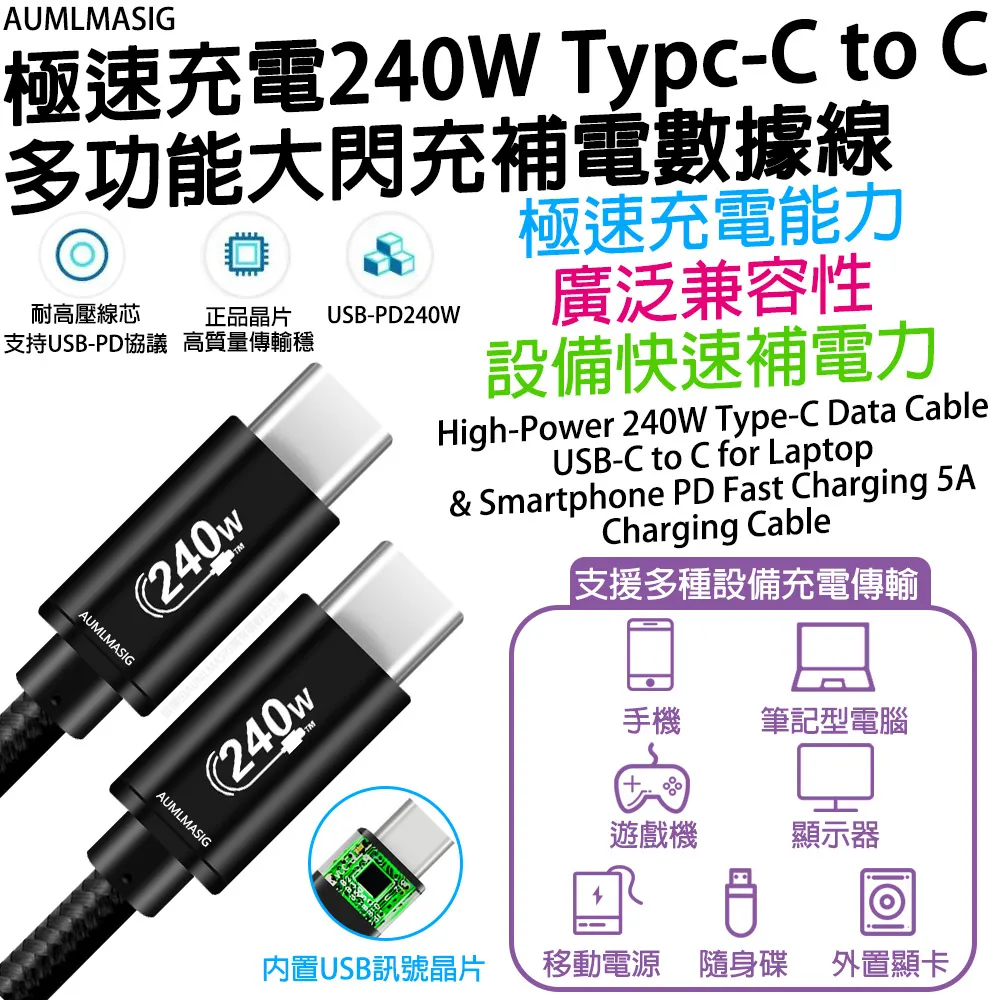 下單免運送達【AUMLMASIG】【100CM】極速充電240W Typc-C to C 多功能大閃充補電數據線 歷史價格詳細信息