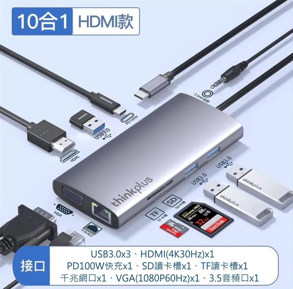 LENOVO 聯想 TYPE-C HUB 集線器 HDMI USB3.0 PD100W 三合一 多接口轉換器 歷史價格詳細信息