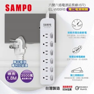 【SAMPO 聲寶】EL-W65R6U3 防雷擊 六開五插 保護蓋 USB延長線 6尺 歷史價格詳細信息