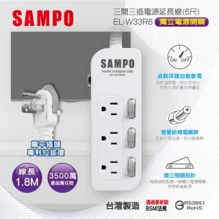 【SAMPO 聲寶】EL-W65R6U3 防雷擊 六開五插 保護蓋 USB延長線 6尺 歷史價格詳細信息