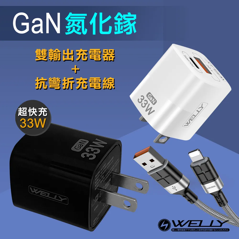 WELLY 33W氮化鎵GaN Type-C/USB-A雙輸出充電器+60W抗彎折快充 Type-C to Type-C充電線(1.2M) 歷史價格詳細信息