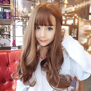 【幸福揚邑】甜美韓風齊瀏海波浪長卷髮美拍直播造型必備女用整頂假髮-亞麻黃 歷史價格詳細信息