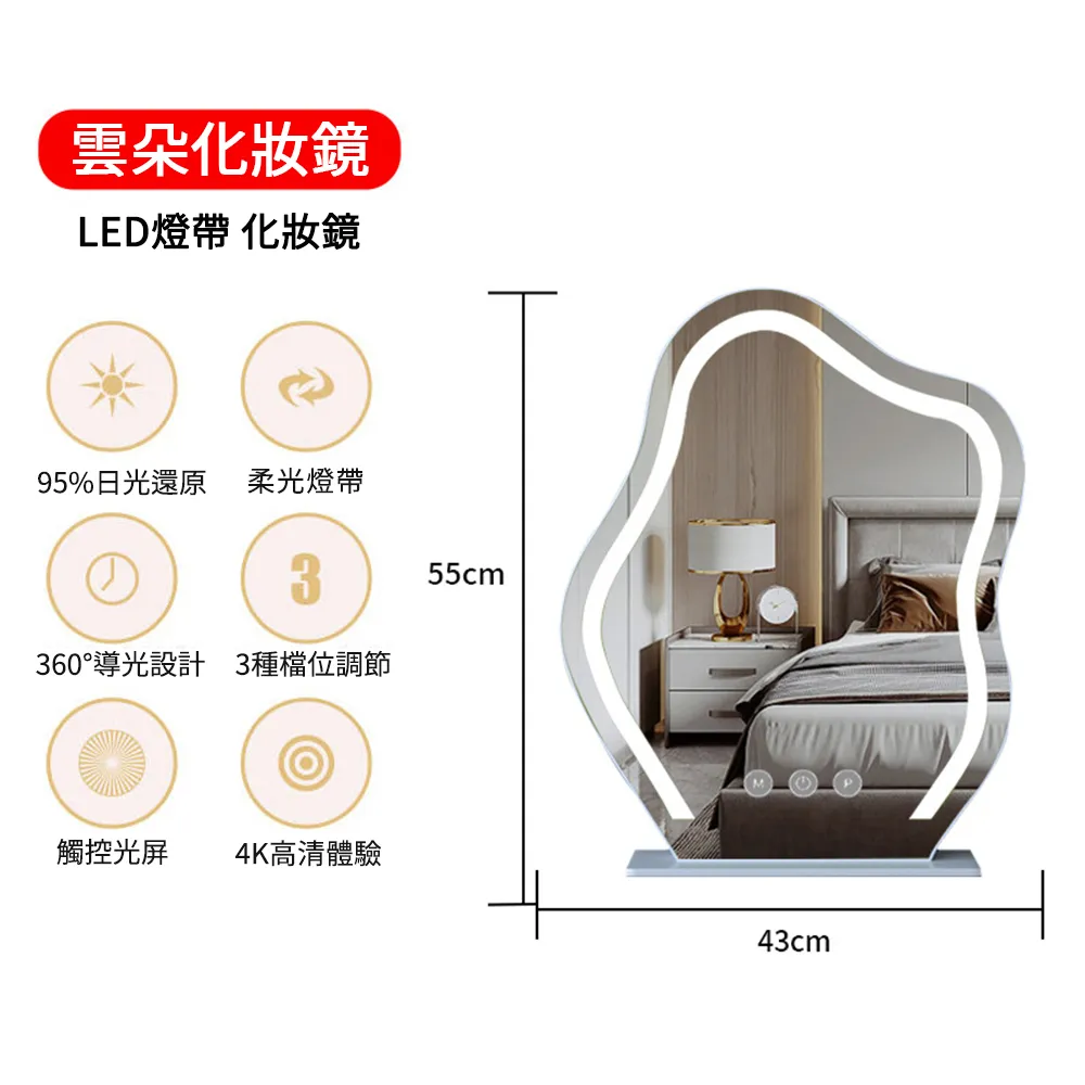 雲朵化妝鏡子帶燈梳妝臺鏡輕奢臺式桌面智能LED燈臺式梳妝鏡 歷史價格詳細信息