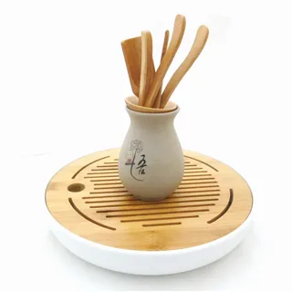 【古緣居】竹韻乾泡小茶盤--附六君子 (直徑25*5cm月白圓) 歷史價格詳細信息