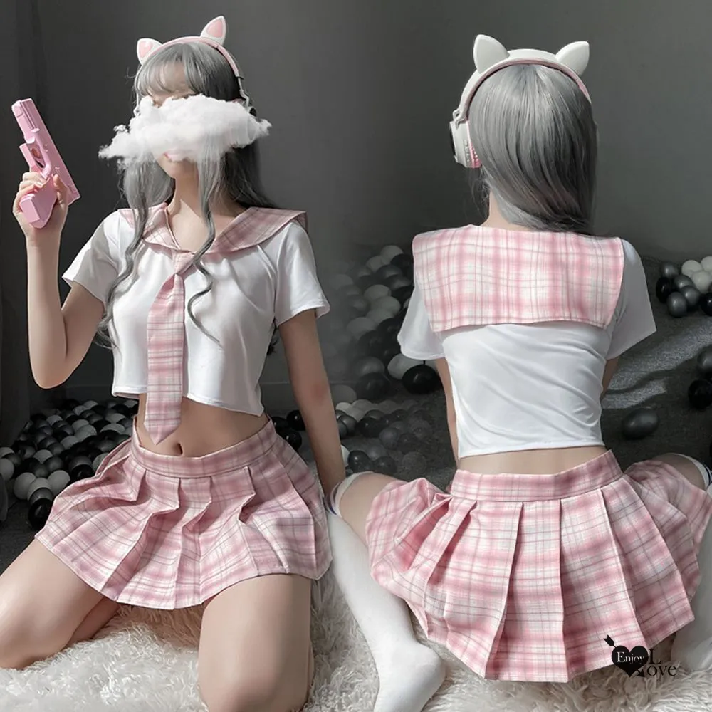 角色扮演學生裝 白襯衫露腰短上衣黑色百摺裙-愛衣朵拉 歷史價格詳細信息