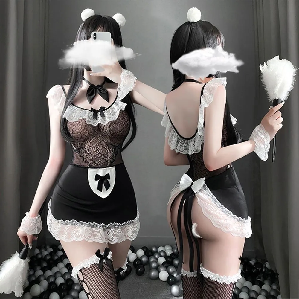 女僕角色扮演服！滾邊蕾絲宮廷綁帶設計飄逸裙襬含網襪六件式套裝 歷史價格詳細信息