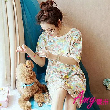 睡裙女春夏季可愛甜美條紋針織棉薄款短袖加肥大碼胖MM睡衣家居服 歷史價格詳細信息