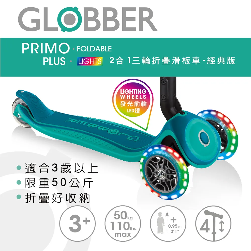 GLOBBER 2合1三輪折疊滑板車大師版(酷炫白光發光輪) 藍綠色3490元(聊聊優惠) 歷史價格詳細信息