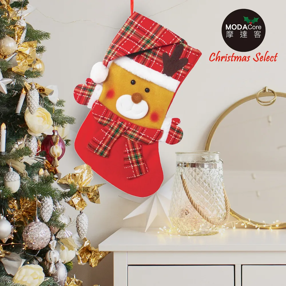 摩達客耶誕-蘇格蘭紅黑格紋毛毛領老公公質感聖誕襪 歷史價格詳細信息