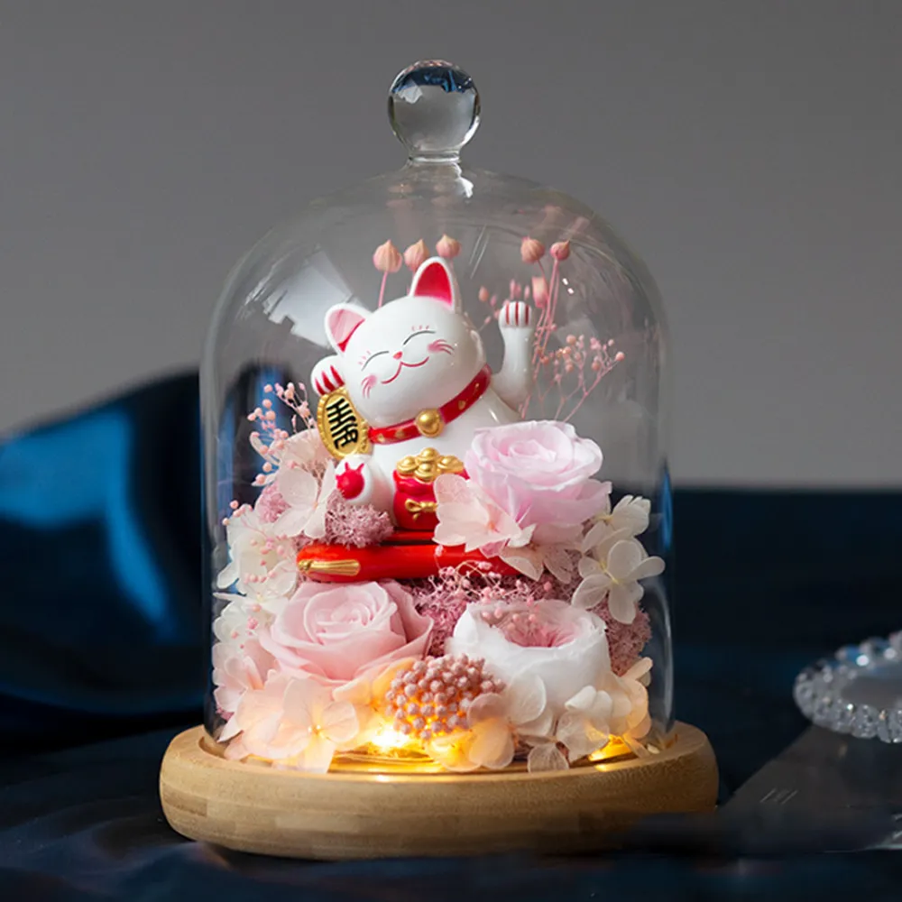 永生花招財貓玩偶玫瑰花永生花玻璃罩禮盒夜燈開業送女友生日禮物情人節-雙喜生活館 歷史價格詳細信息