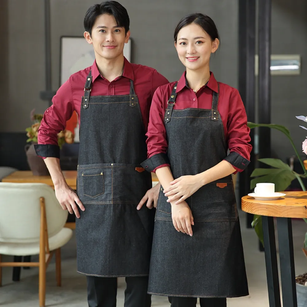 圍裙牛仔時尚制LOGO廚房制餐廳廚師奶茶咖啡店女工作服圍裙 歷史價格詳細信息