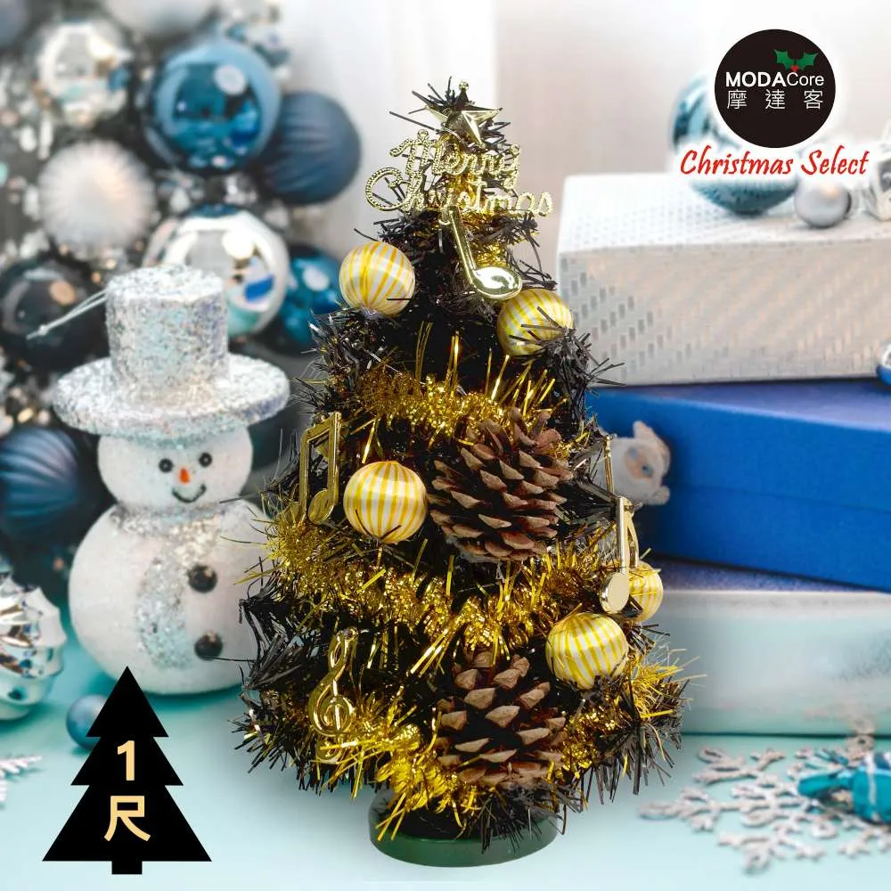 摩達客★台灣製迷你1呎/1尺(30cm)時尚金彩音符系裝飾黑色聖誕樹+LED20燈銅線燈(暖白光/USB電池兩用充電) 歷史價格詳細信息