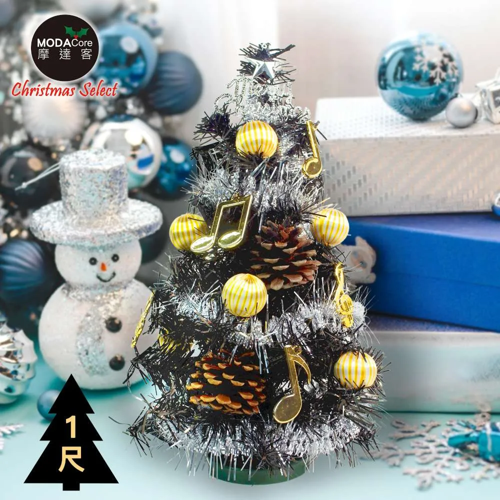 摩達客★台灣製迷你1呎/1尺(30cm)時尚金彩音符系裝飾黑色聖誕樹+LED20燈銅線燈(暖白光/USB電池兩用充電) 歷史價格詳細信息