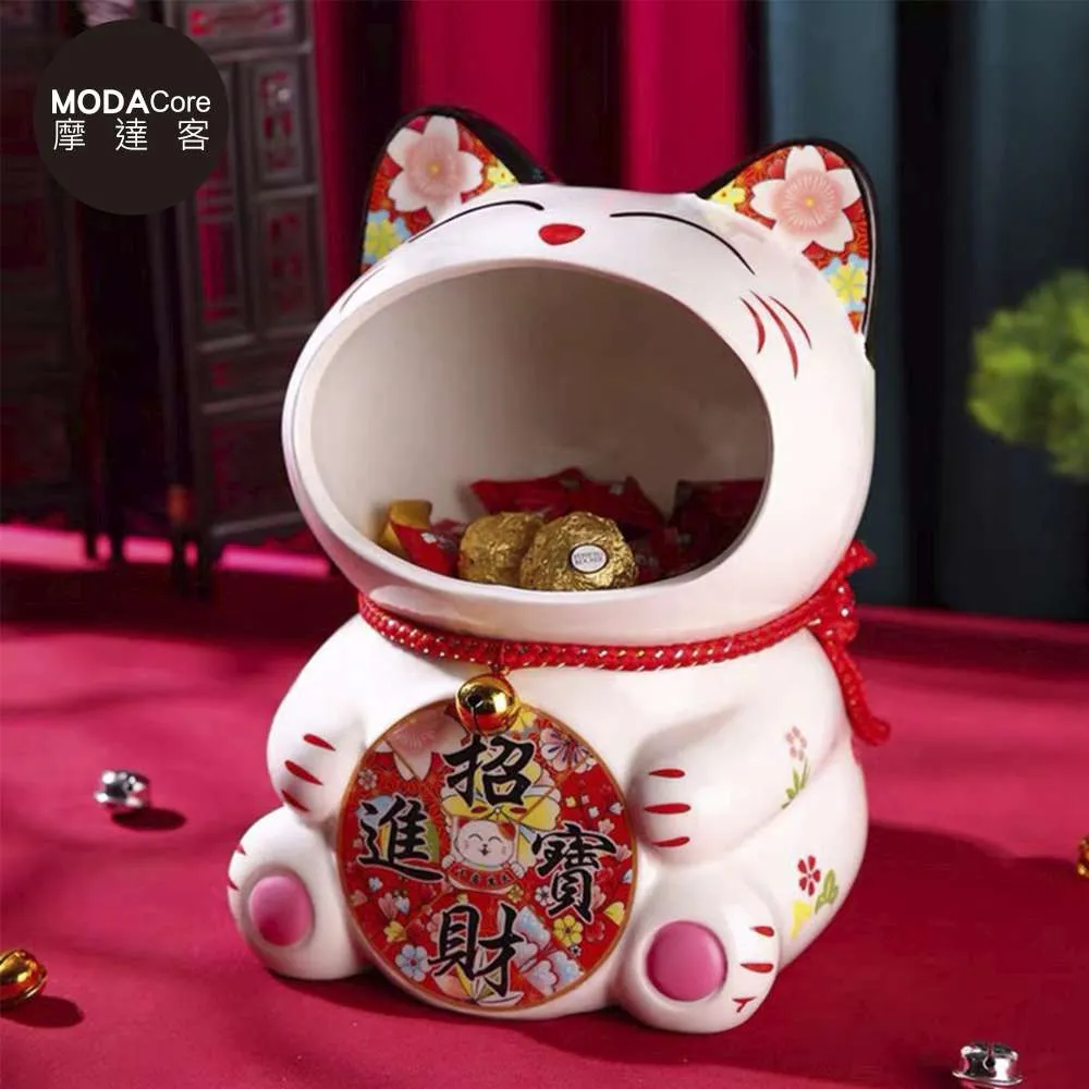 摩達客◉春節開運◉紅白大嘴招財猫擺飾-糖果收納聚寶盆 歷史價格詳細信息