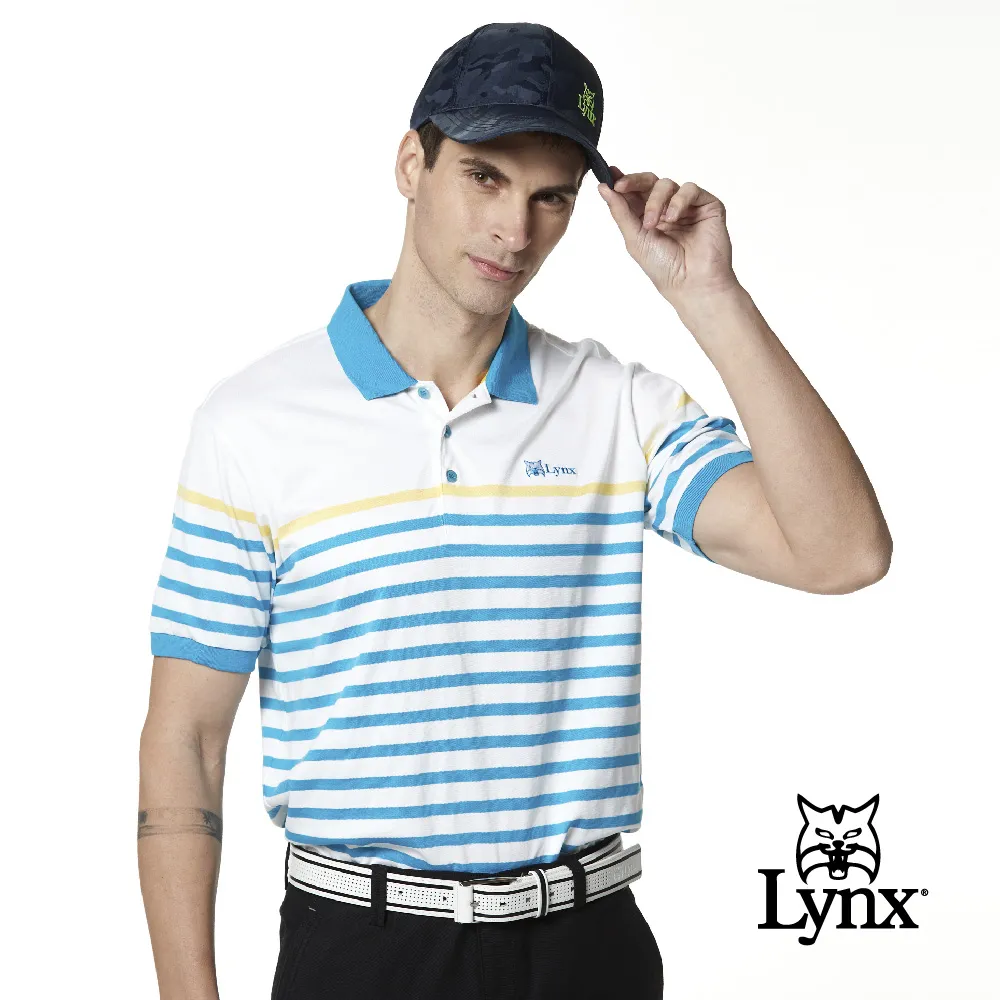 【Lynx Golf】男款吸濕排汗合身版配色條紋山貓繡花短袖POLO衫(二色) 歷史價格詳細信息