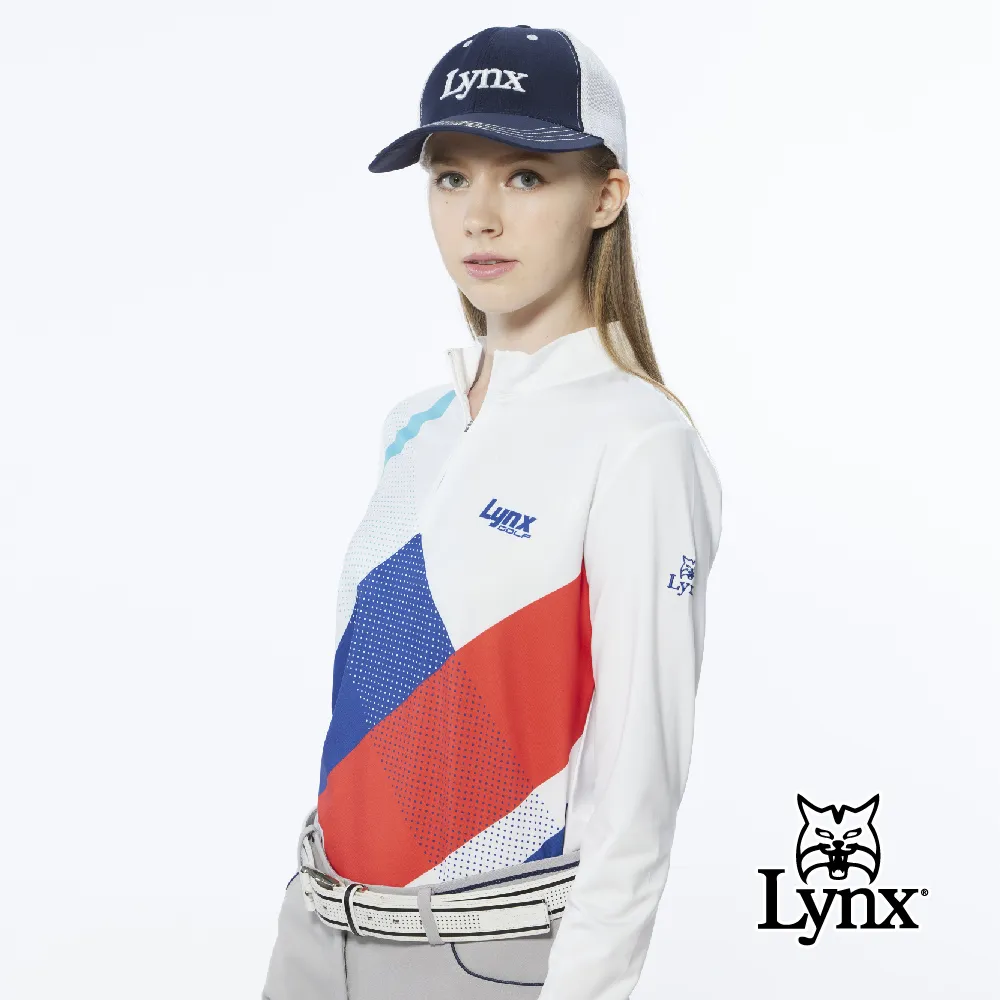 【Lynx Golf】女款吸溼排汗流線感跳色印花長袖立領POLO衫/高爾夫球衫(白色) 歷史價格詳細信息