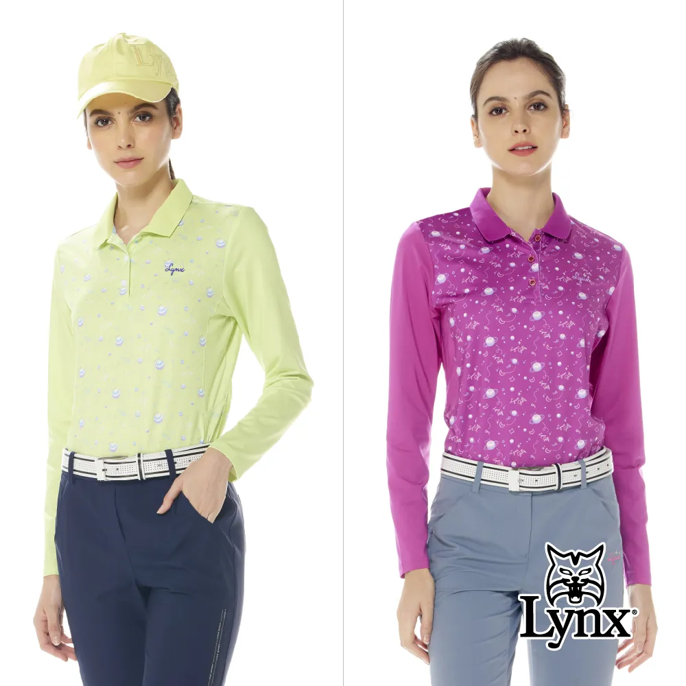【Lynx Golf】女款吸濕排汗領尖扣斜紋幾何圖形印花短袖POLO衫-淺藍色 歷史價格詳細信息